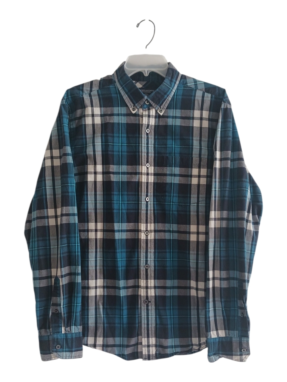AMERICAN EAGLE OUTFITTERS Men's L Prep Fit Plaid Long Sleeve Shirt Teal Black